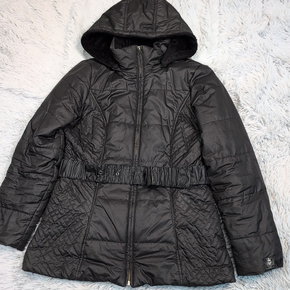 Tommy Hilfiger Jacket Womens M Black Removable Hood Zip Up Pockets Belt Cozy